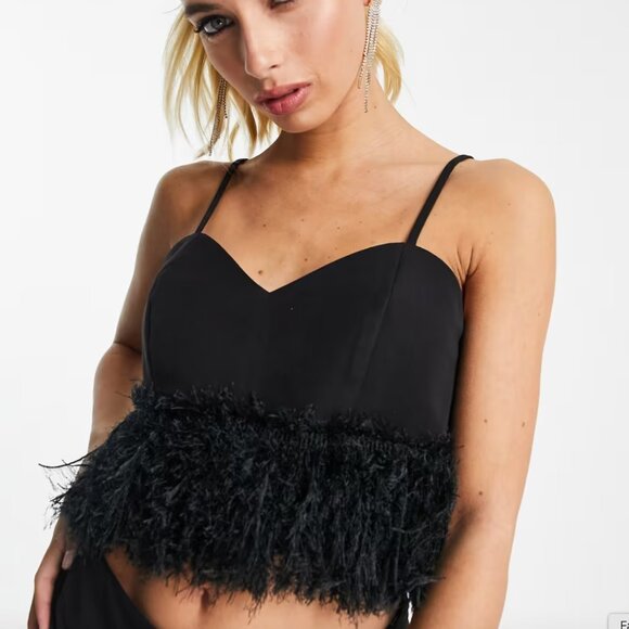 Twisted Wunder Black Faux Feather Hem Crop Top - US Womens 8 - Picture 1 of 5